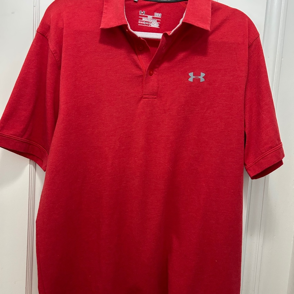 Gently worn Under Armour Mens "Loose" "Heat Gear" Red Marl Polo Shirt Size Large